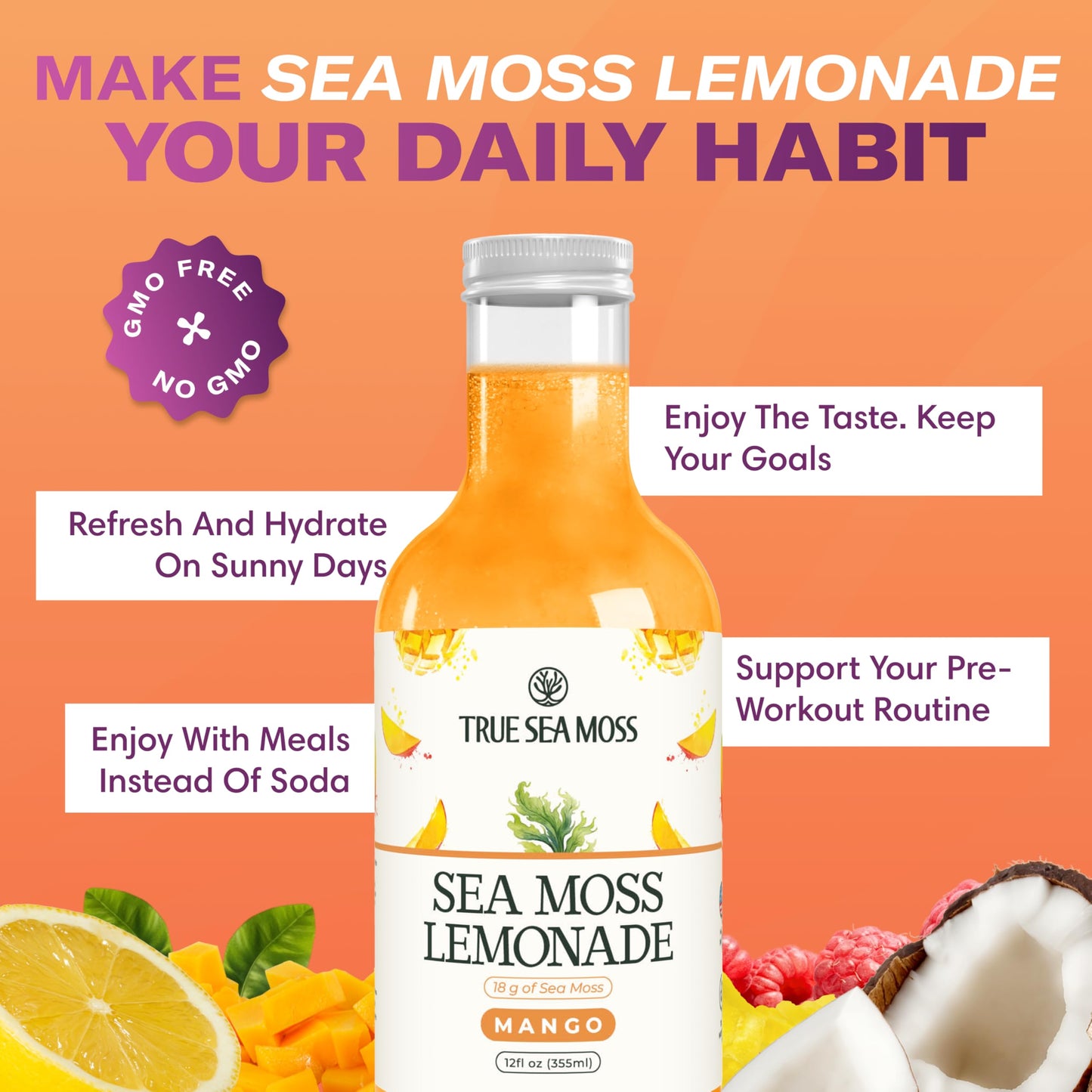 True Sea Moss Lemonade Variety Pack - 4 Flavors (Lemon  Mango  Berry  Pina Colada) - Mix of Classic & Electrolyte Formulas - 4 ? 12 fl oz - Made in USA