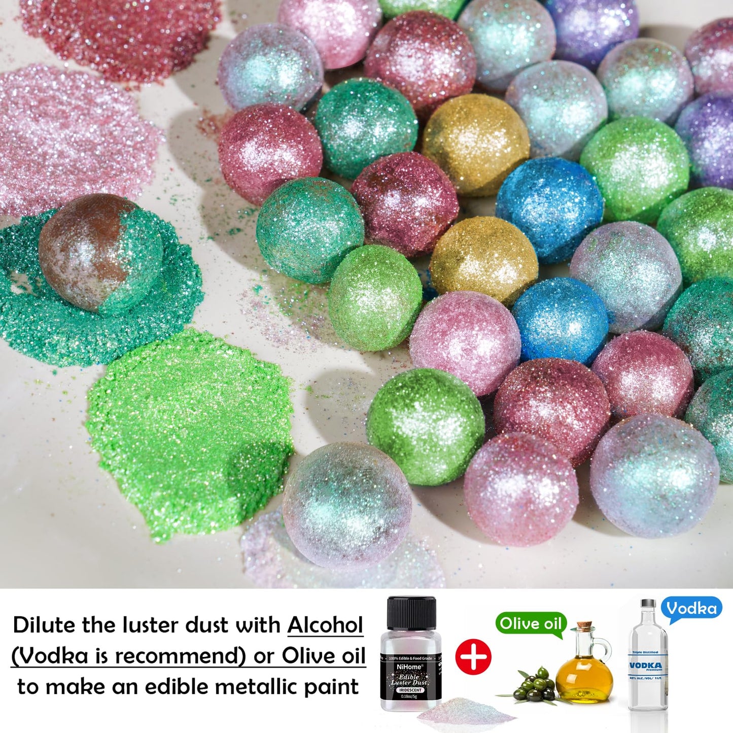 NiHome Edible Food-Grade Glimmer Powder Glitter Luster Dust Metallic Food Decorating Sprinkle Glimmery Dust for Drink Wine Beverage Cake Candy Dessert Bakery Restaurant Vegan (0.18oz/5g  Iridescent)