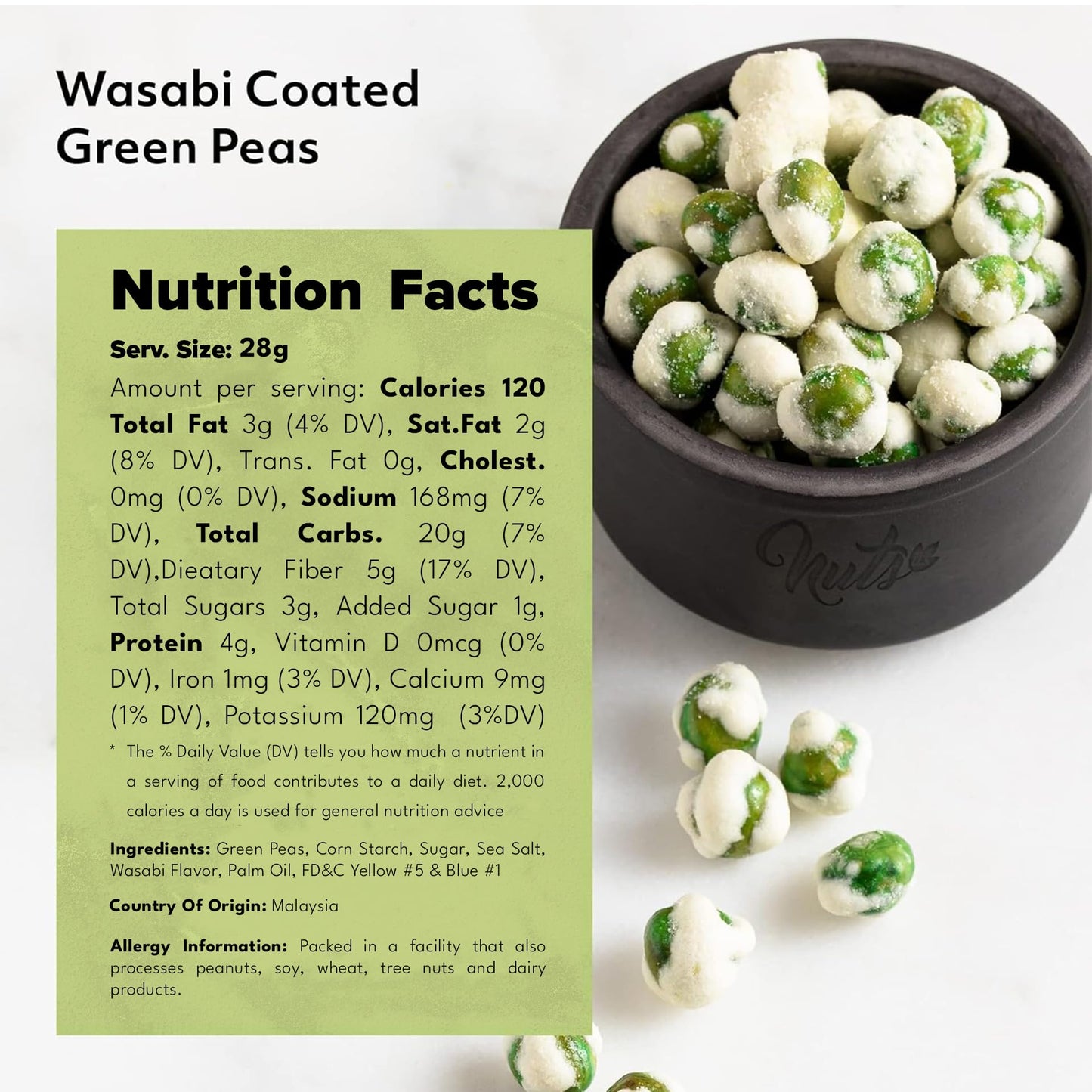 NUTS U.S. Wasabi Coated Green Peas, Crunchy & Spicy, Resealable Bag, 1 Pound