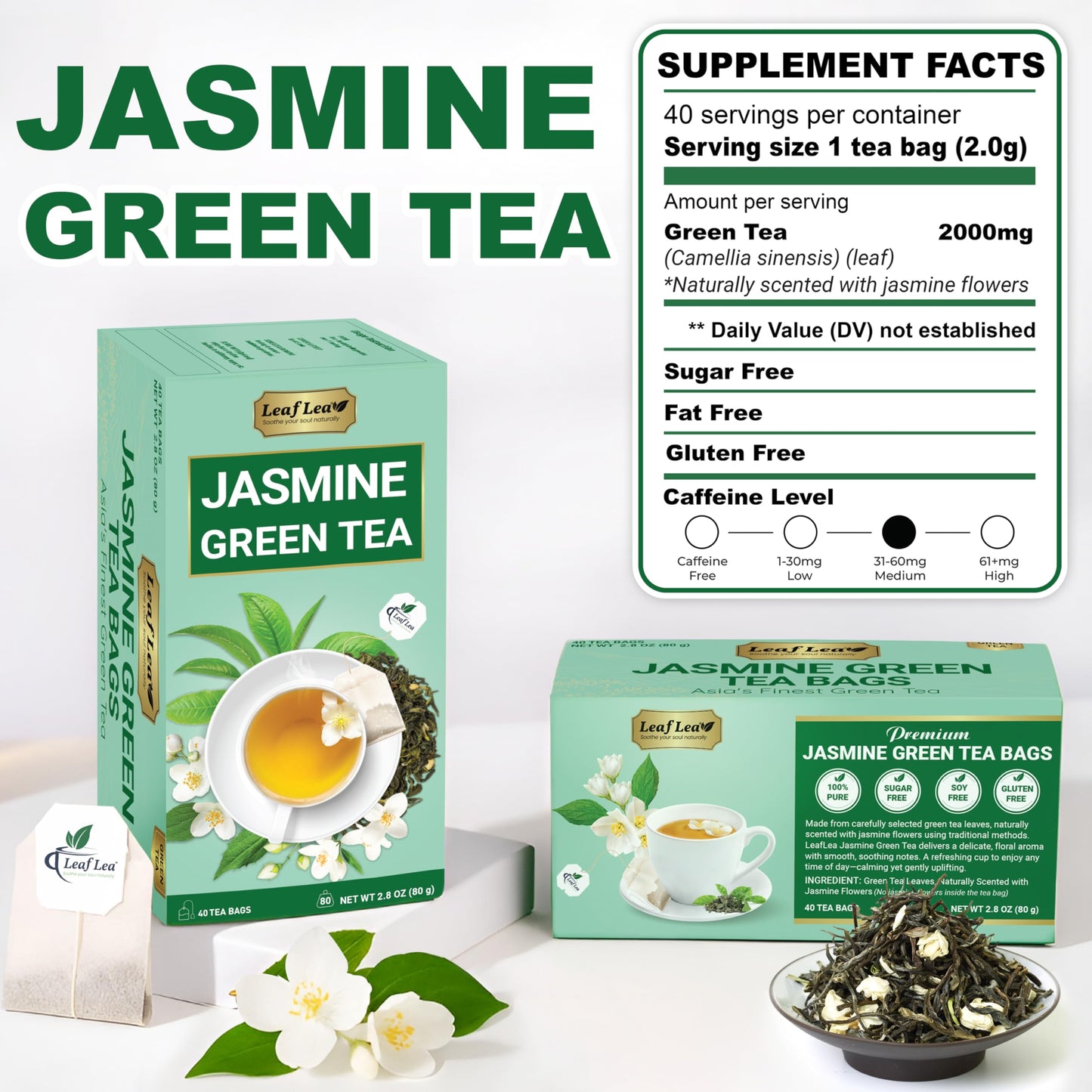 LeafLea 40 Jasmine Green Tea Bags  enhanced Green Tea Scented with Jasmine Flowers for Gentle Support & Light Alertness  Floral Smoothness  Caffeinated  Sugar-Free  Non-GMO  Vegan  Individually Wrapped