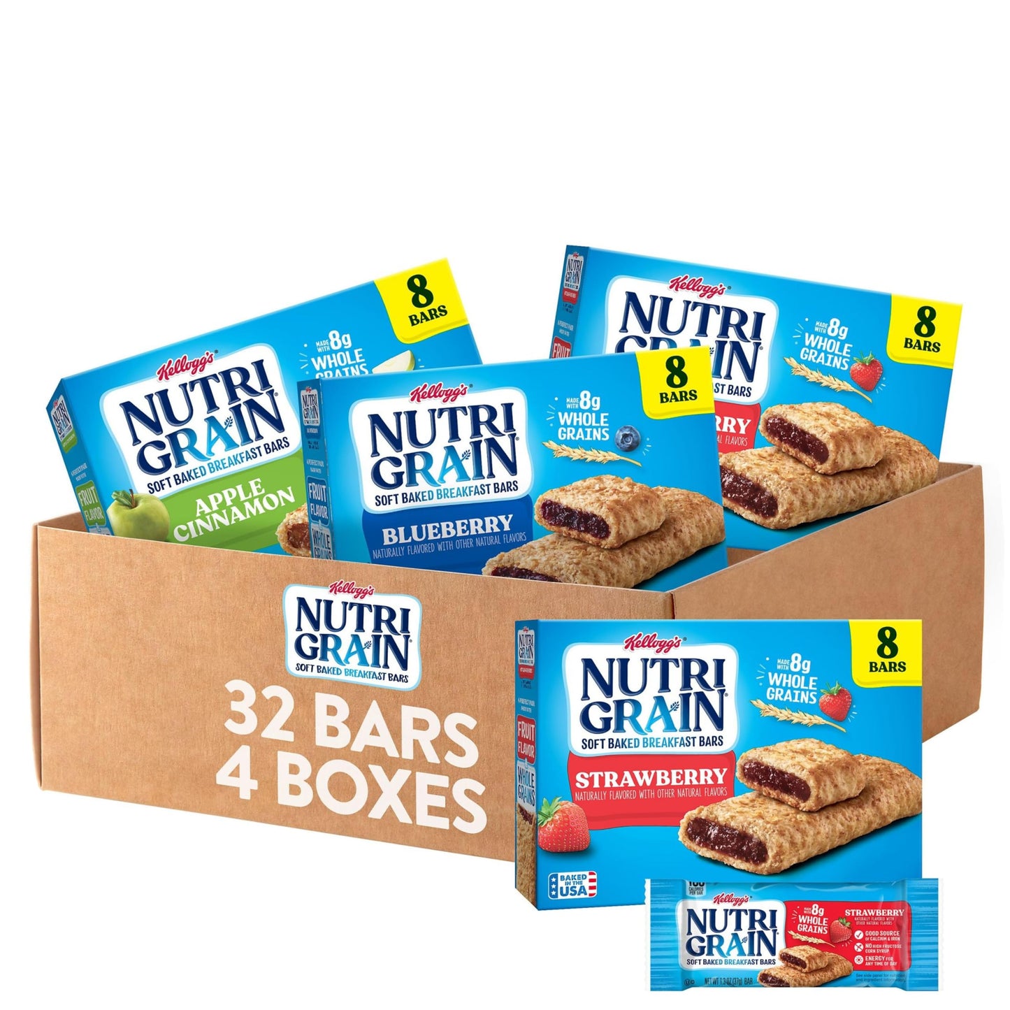 Nutri-Grain Soft Baked Breakfast Bars, Kids Snacks, Whole Grain, Variety Pack (4 Boxes, 32 Count)