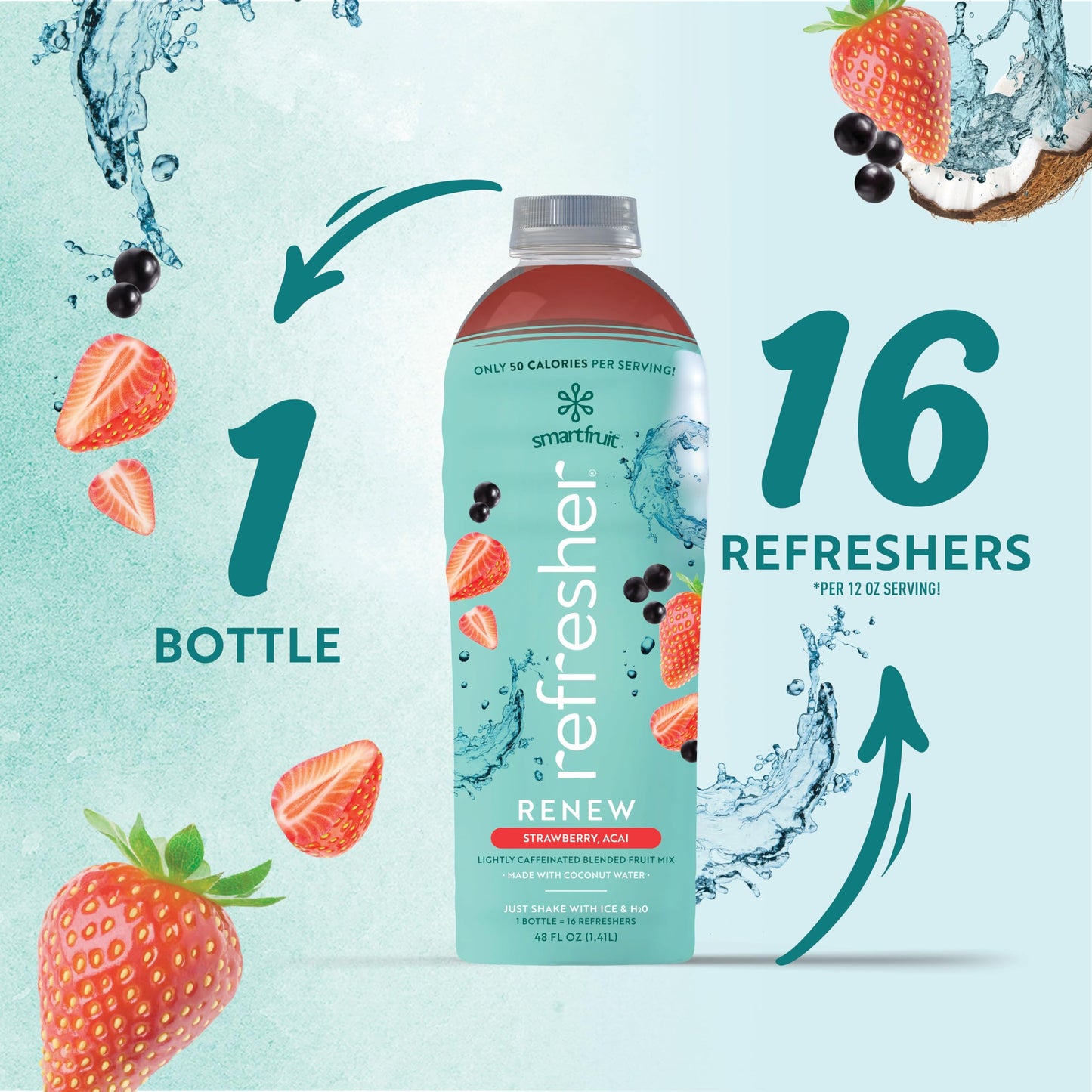 Renew Refresher - Strawberry, Acai - Made with Real Fruit and No Added Sugar - Low Cal, Hydrating Coconut Water, and Natural Ene