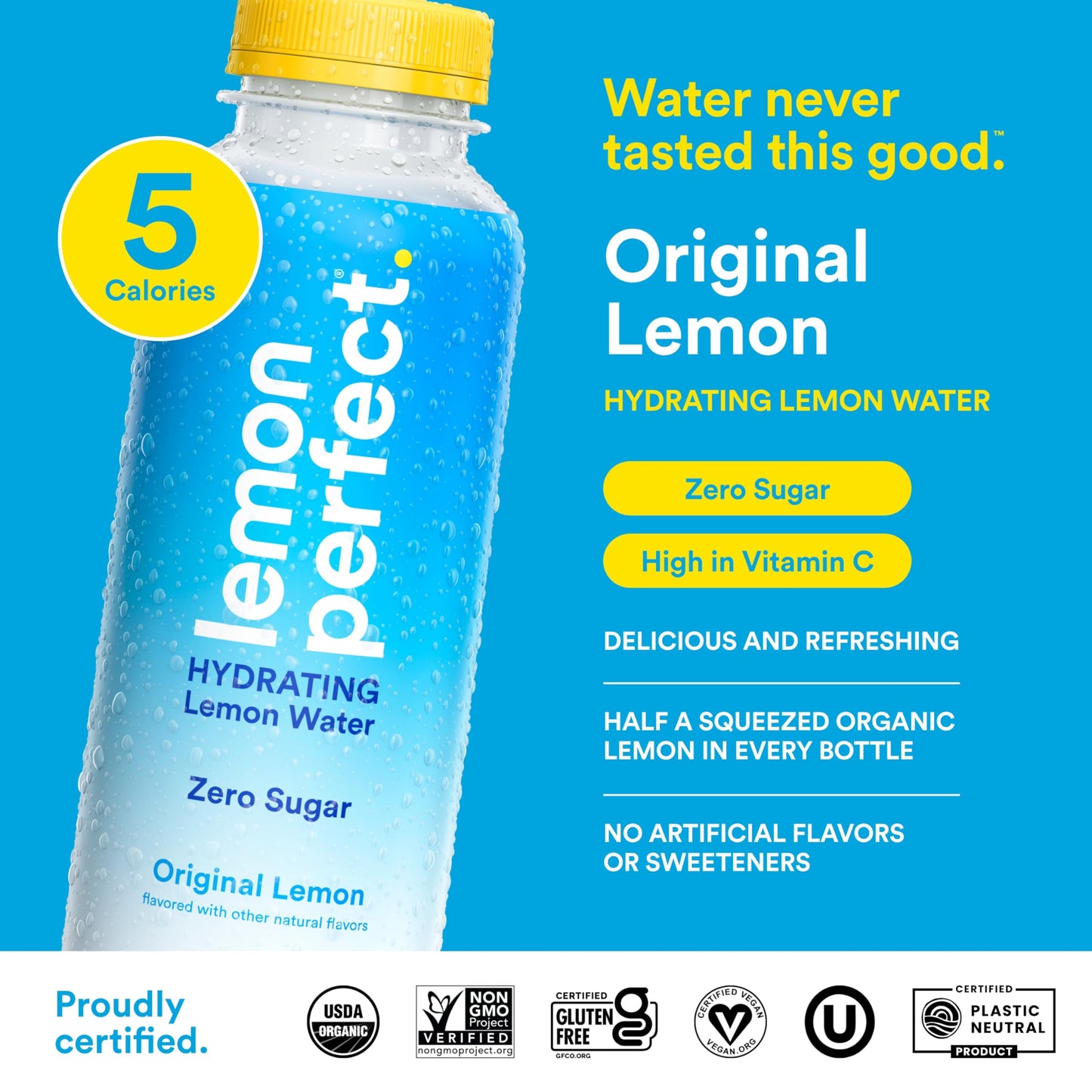 LEMON PERFECT Hydrating Lemon Water, Organic Zero Sugar, 15.2 Fl Oz Bottles, Refreshing Flavor, 12-Pack