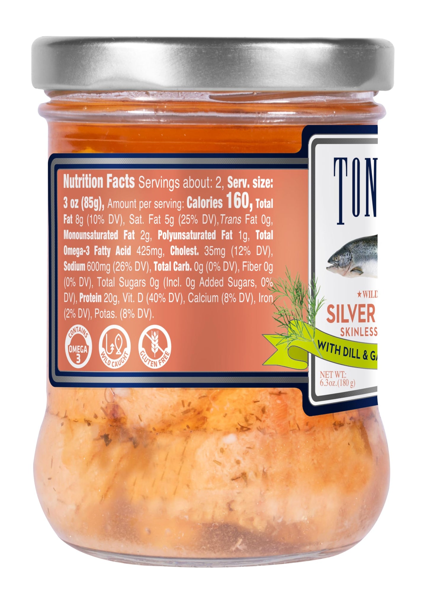 Tonnino Salmon Silver Fish, Dill & Garlic, Skinless & Boneless, 6.3 oz (Pack of 6) - Protein Snacks, Ready to Eat Meals