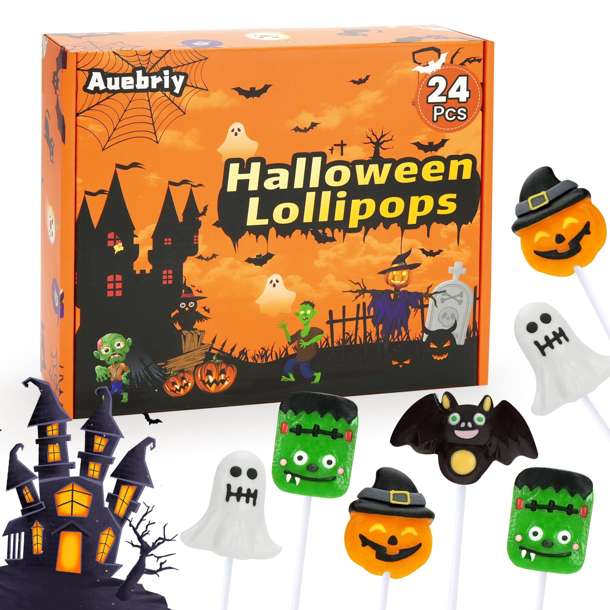 Auebriy Halloween Lollipops Suckers - 24 Pack Fruity Halloween Candy Individually Wrapped  Ghost  Bat  Pumpkin & Monster Lollipops  Spooky Candy for Trick or Treat  Party Favors & Goody Bag Fillers