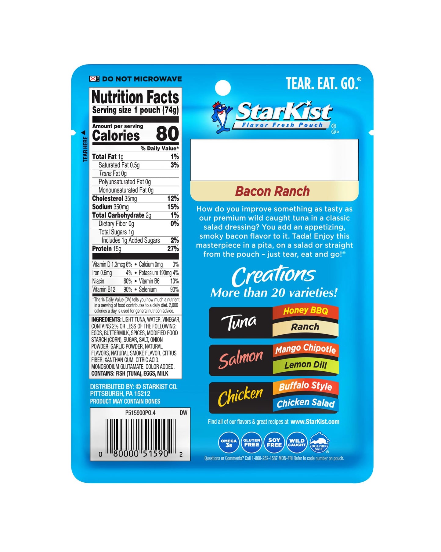 StarKist Tuna Creations Bacon Ranch, 2.6 Oz, Pack of 24, Model 515900