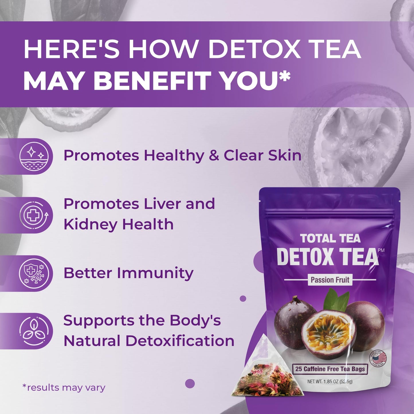 Total Tea Herbal Detox Tea with Chamomile, Hibiscus & Ginger - 25-Pack, Caffeine Free, Passion Fruit Flavor