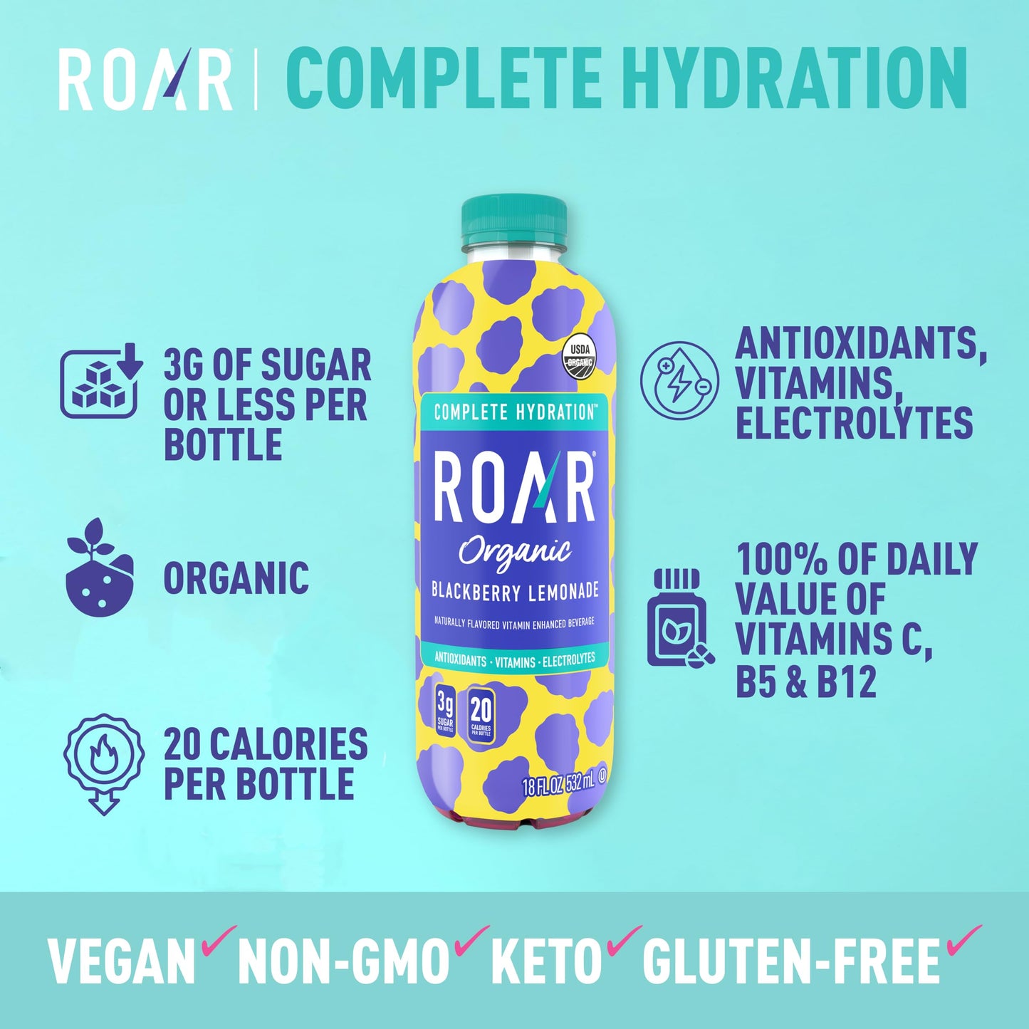 Roar Complete Hydration Organic - Electrolyte Drinks Loaded With Vitamins C, B5, B12 - Non-Gmo, Gluten-Free - Blackberry Lemonade - 12 Pc