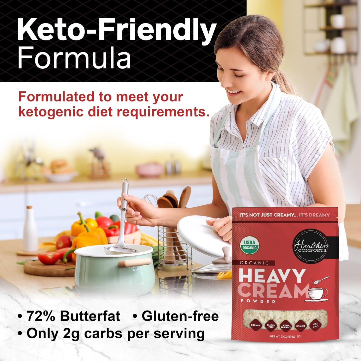 Healthier Comforts Organic Heavy Cream Powder (72% Butterfat) | Certified USDA Organic  Kosher | Gluten Free  Non-GMO  Keto Friendly  Free of s &  s (rBGH or rBST) | Made in USA (21 ounce)