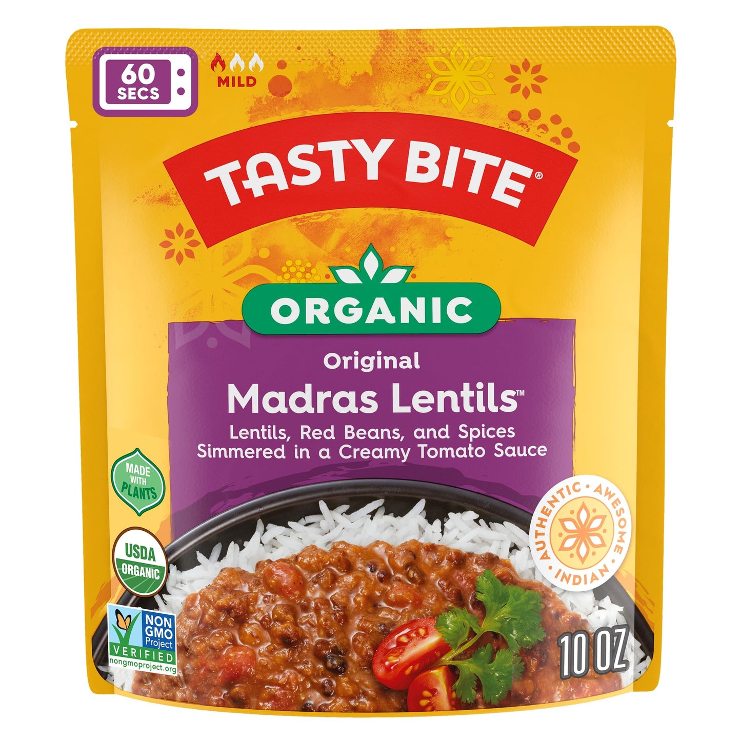 Tasty Bite Organic Madras Lentils, 10 Oz Pack of 6, Ready to Eat Vegetarian Microwavable Entree