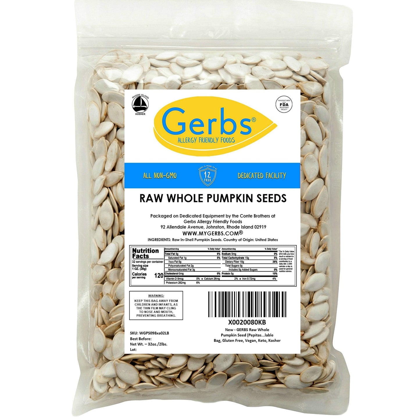 Gerbs Raw Whole Pumpkin Seed 2 Lbs, Top 14 Allergy Free, Healthy Protein Packed Superfood Snack, Non Gmo, 10.5 Mm Size, Grown Usa & Packaged On Dedicated Equipment