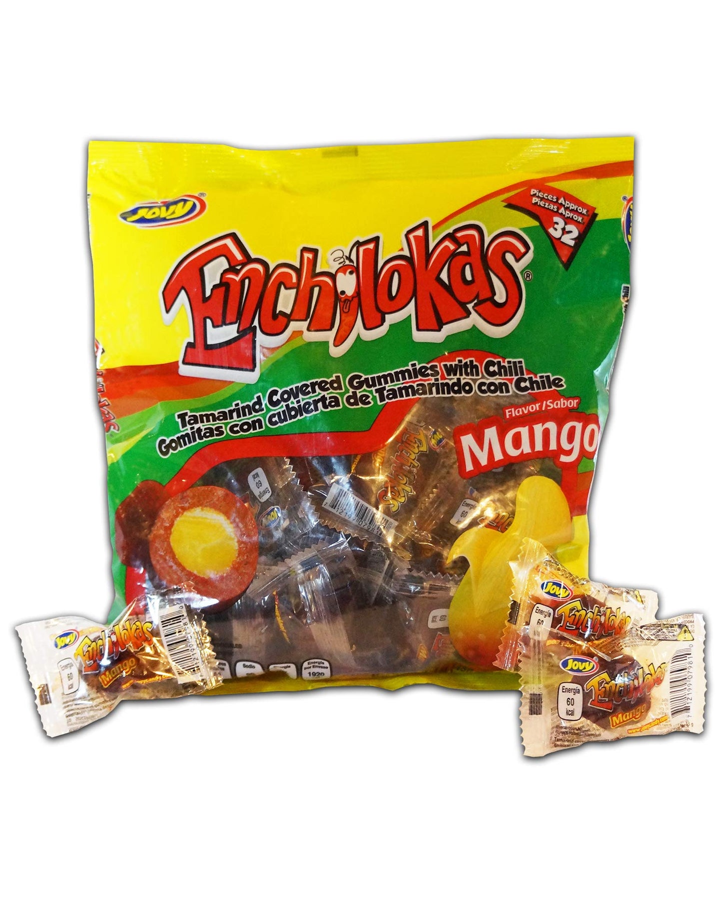 Jovy Enchilokas Candy. Mango Flavored Tamarind Covered Gummies With Chili. Net Wt 1-Lb 1-Oz