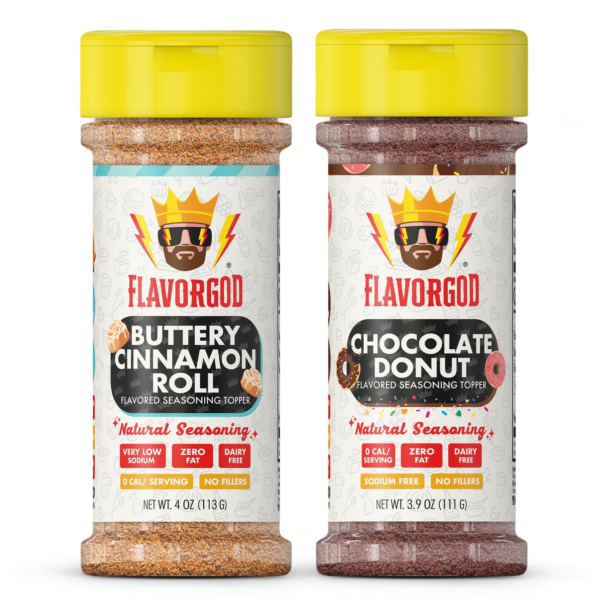 Flavor God Dynamic Dessert Duo Pack of 2 Seasoning Topper Gift Set, Buttery Cinnamon Roll & Chocolate Donut, Natural Healthy Ble