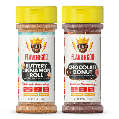 Flavor God Dynamic Dessert Duo Pack of 2 Seasoning Topper Gift Set, Buttery Cinnamon Roll & Chocolate Donut, Natural Healthy Ble