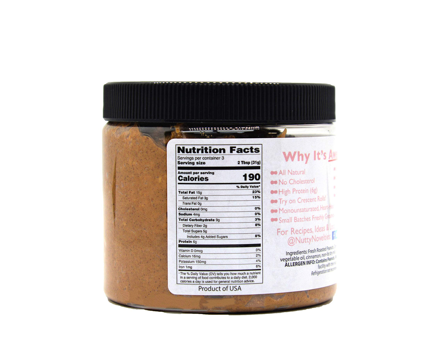 Nutty Novelties Cinnamon Peanut Butter - High Protein, Low Sugar Healthy Peanut Butter - All-Natural Peanut Butter Free of Chole