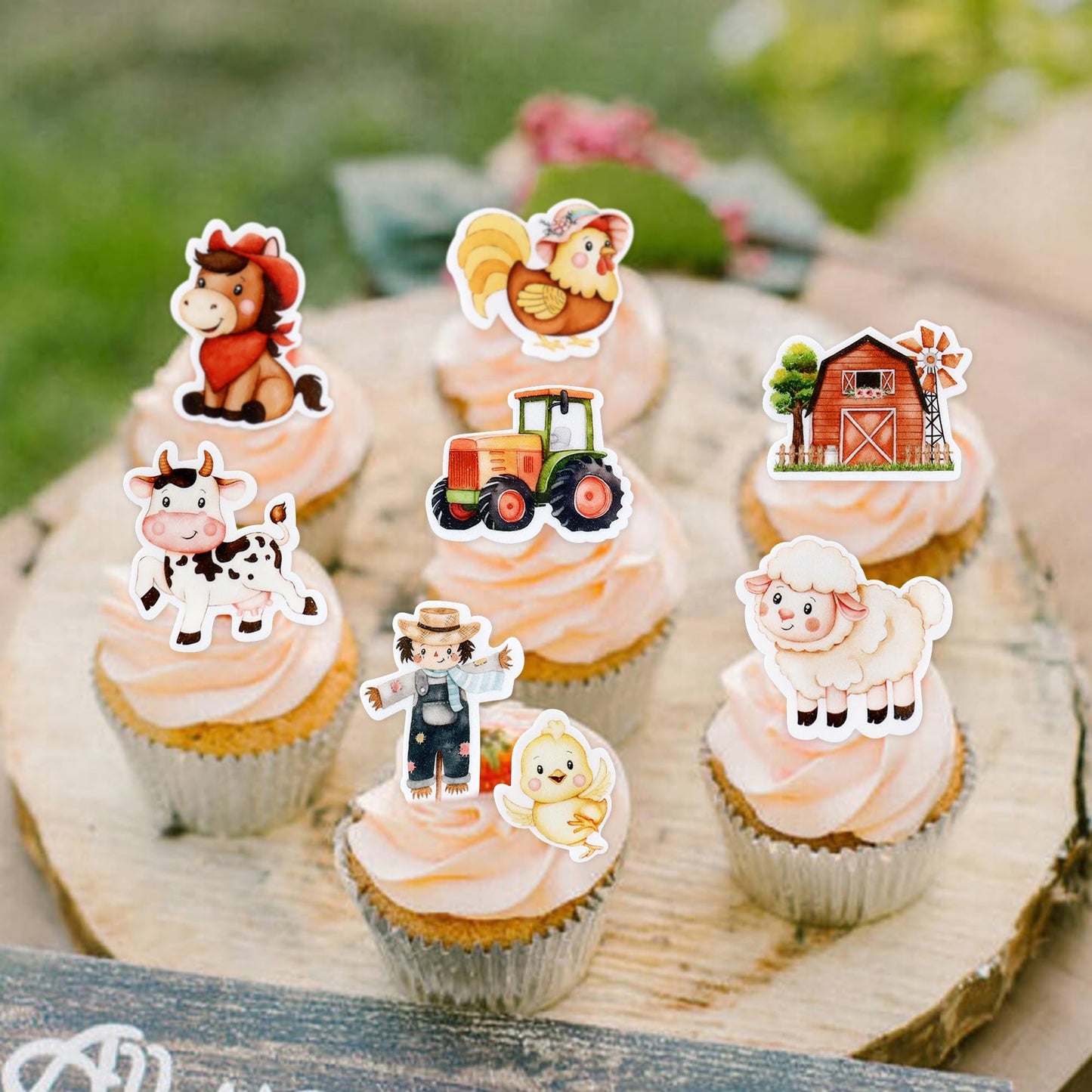 45Pcs Edible Farm Theme Cupcake Toppers Wafer Paper Animal Cartoon Tractor Barnyard Cupcake Toppers Drink Topper Dessert Muffin