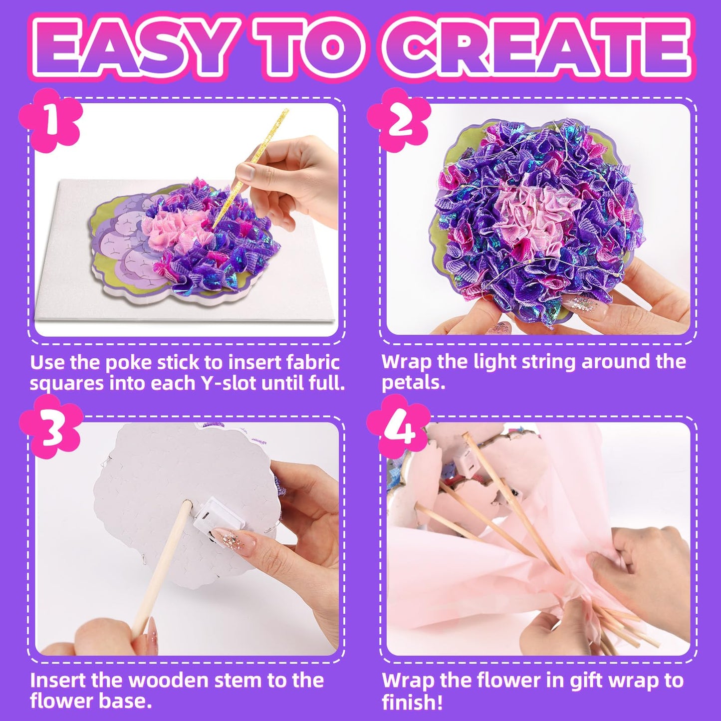 Vinkp Flower Bouquet Art Craft Kit, Arts And Crafts For Kids Ages 4-8, Poke Kit With With 6 Flowers & 6 Light Strings, Mess-Free For Girls & Boys, Craft Gift For Girls Ages 4, 5, 6, 7, 8+