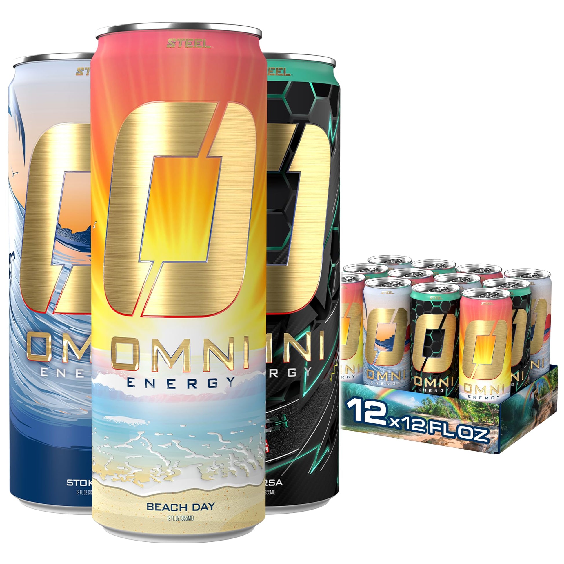 Steel Supplements OMNI Energy Drink Variety Pack - 200mg Caffeine, B Vitamins, Sugar-Free, Low Calorie, 12 Oz (Pack of 12)