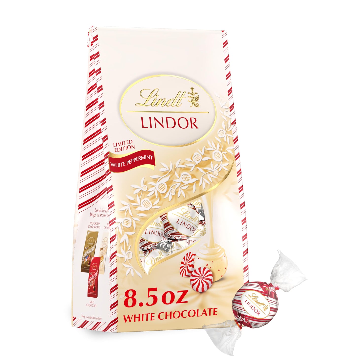 Lindt LINDOR White Chocolate Peppermint Truffles, White Chocolate Candy with Smooth Peppermint Truffle Center, 8.5 oz. Bag
