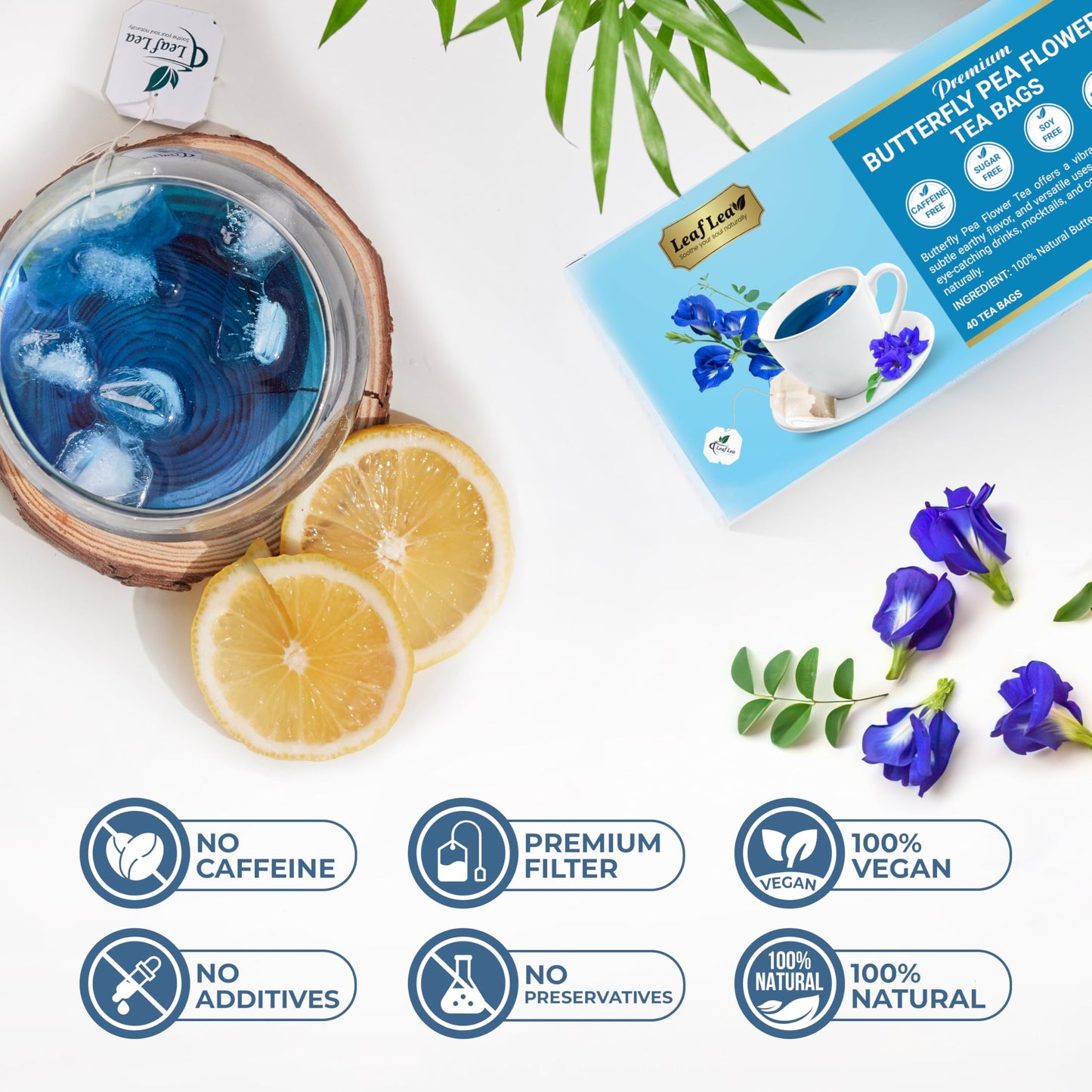 LeafLea Butterfly Pea Flower Tea Bags, Herbal, Caffeine-Free, Sugar-Free, Non-GMO, 80 Bags (Pack of 2)