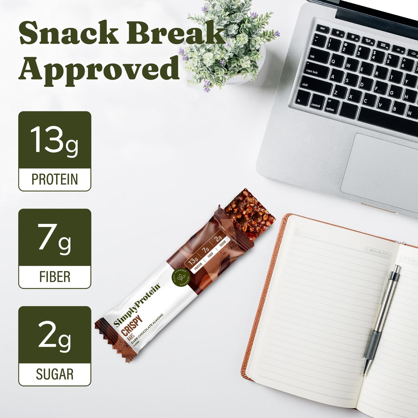 Simply Protein - Dark Chocolate Almond Crispy Bars - Plant Based Protein Bars - Low Carb, Low Sugar, High Fiber - 13g Protein, 2