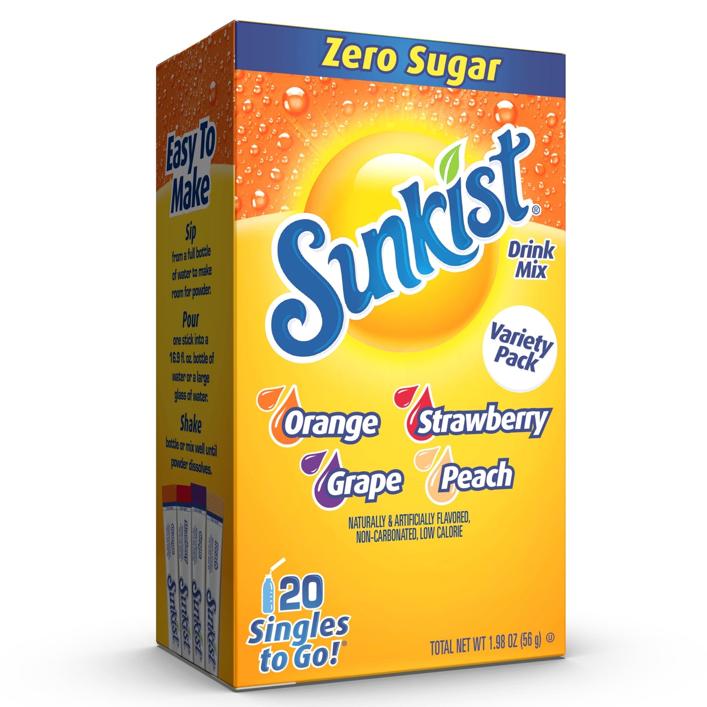 SINGLES TO GO! Sunkist Soda Variety Pack, Orange, Strawberry, Grape, Peach, 20 Sticks, 1 Count