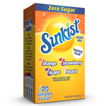 SINGLES TO GO! Sunkist Soda Variety Pack, Orange, Strawberry, Grape, Peach, 20 Sticks, 1 Count