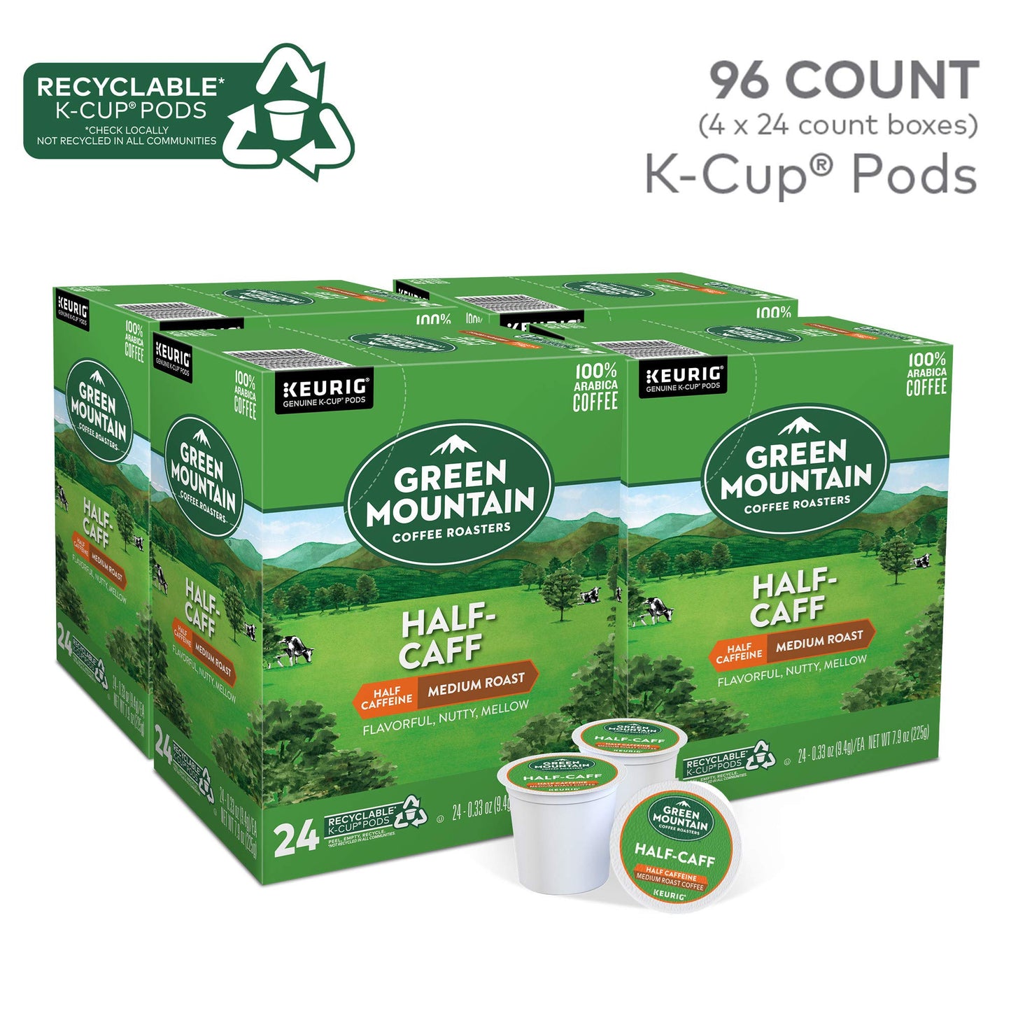 Green Mountain Coffee Roasters Half Caff Medium Roast K-Cup Pods, 96 Count (4 Packs of 24)