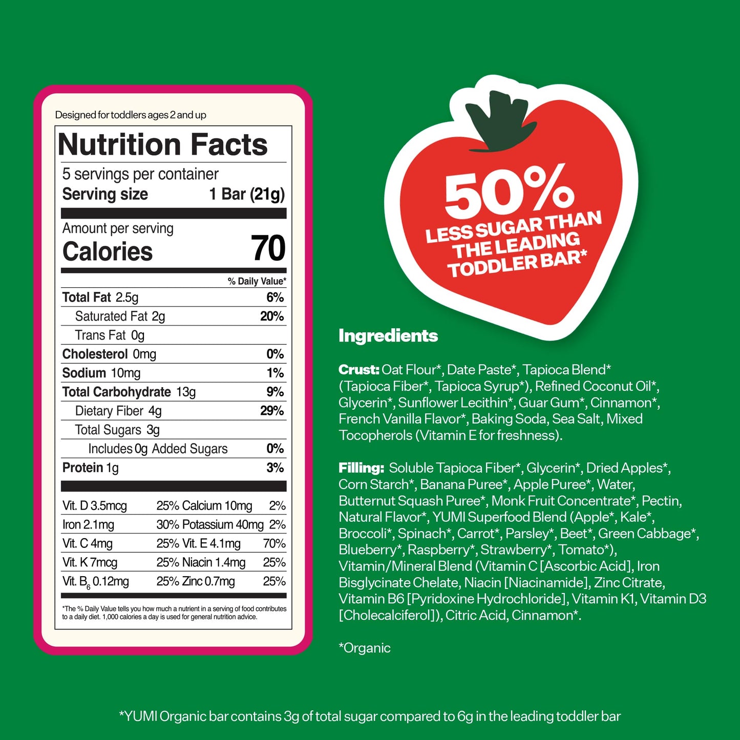 Yumi Organic Toddler Snacks Bars - Gluten-Free, No Added Sugar, 7+ Vegetables, Soft-Baked Crust, Yumi Bars Healthy Toddler Organ