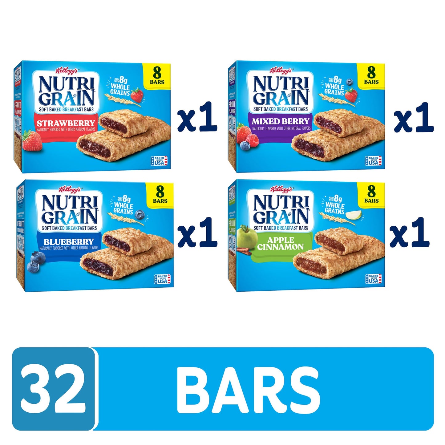 Nutri-Grain Soft Baked Breakfast Bars, Kids Snacks, Whole Grain, Variety Pack (4 Boxes, 32 Bars)