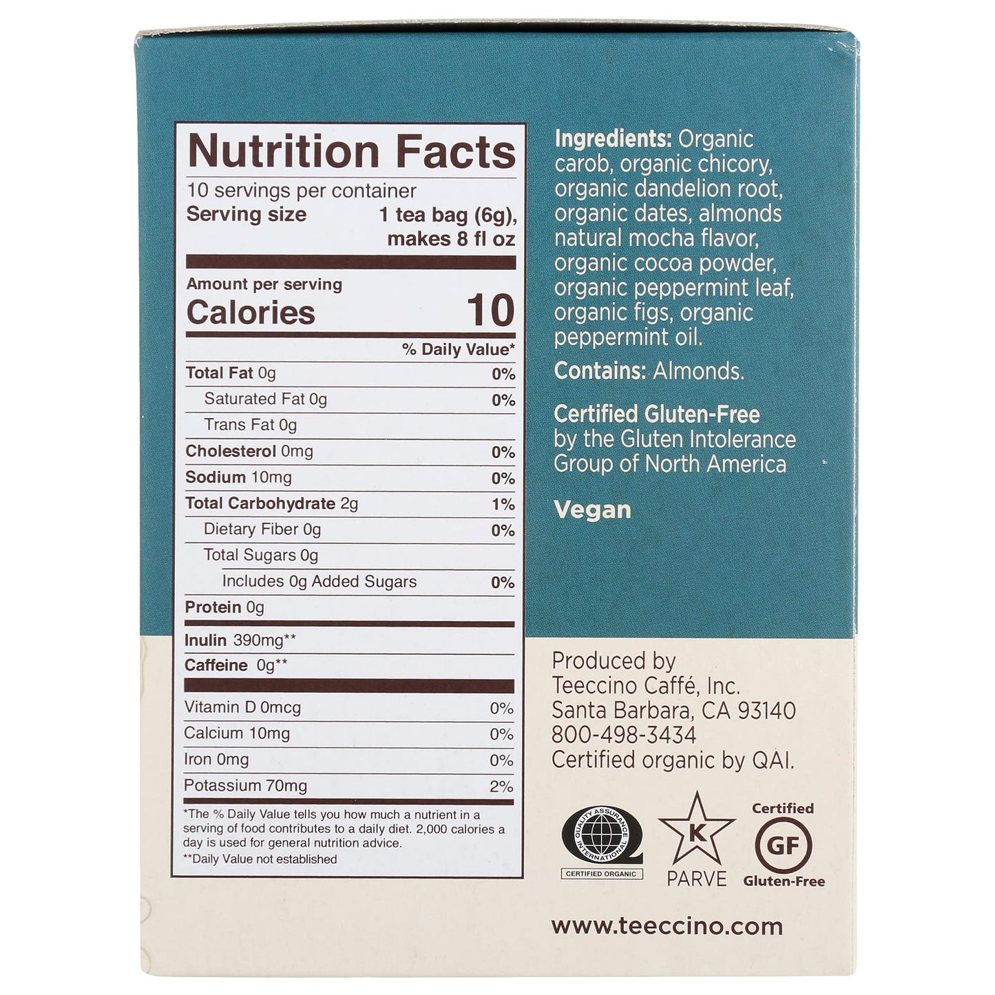 Teeccino Dandelion Mocha Mint Herbal Tea - Caffeine Free, Gluten Free - 10 Tea Bags, Model TEE43310