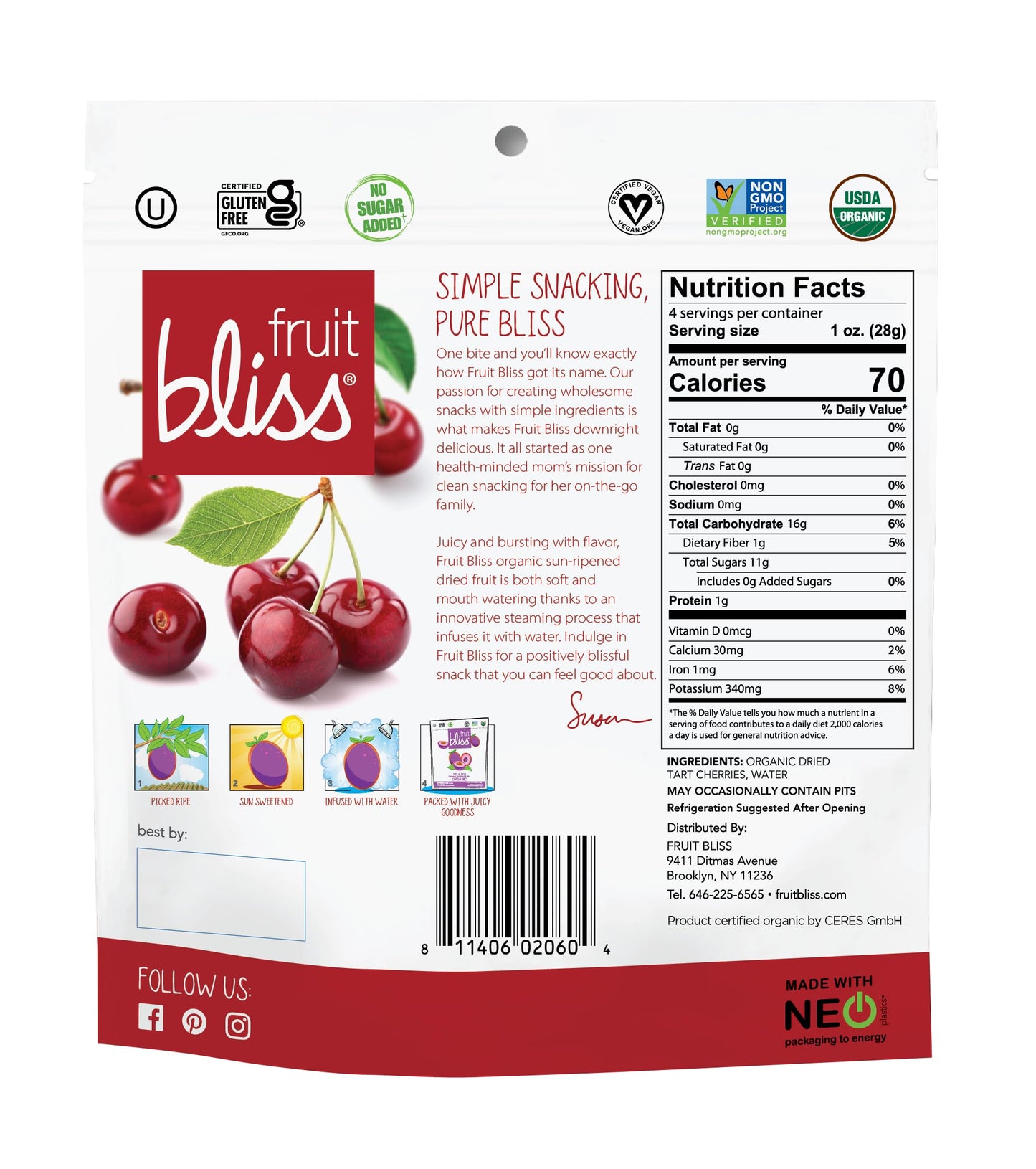 Fruit Bliss - Organic Tart Dried Cherries - Case Of 6-4 Oz.