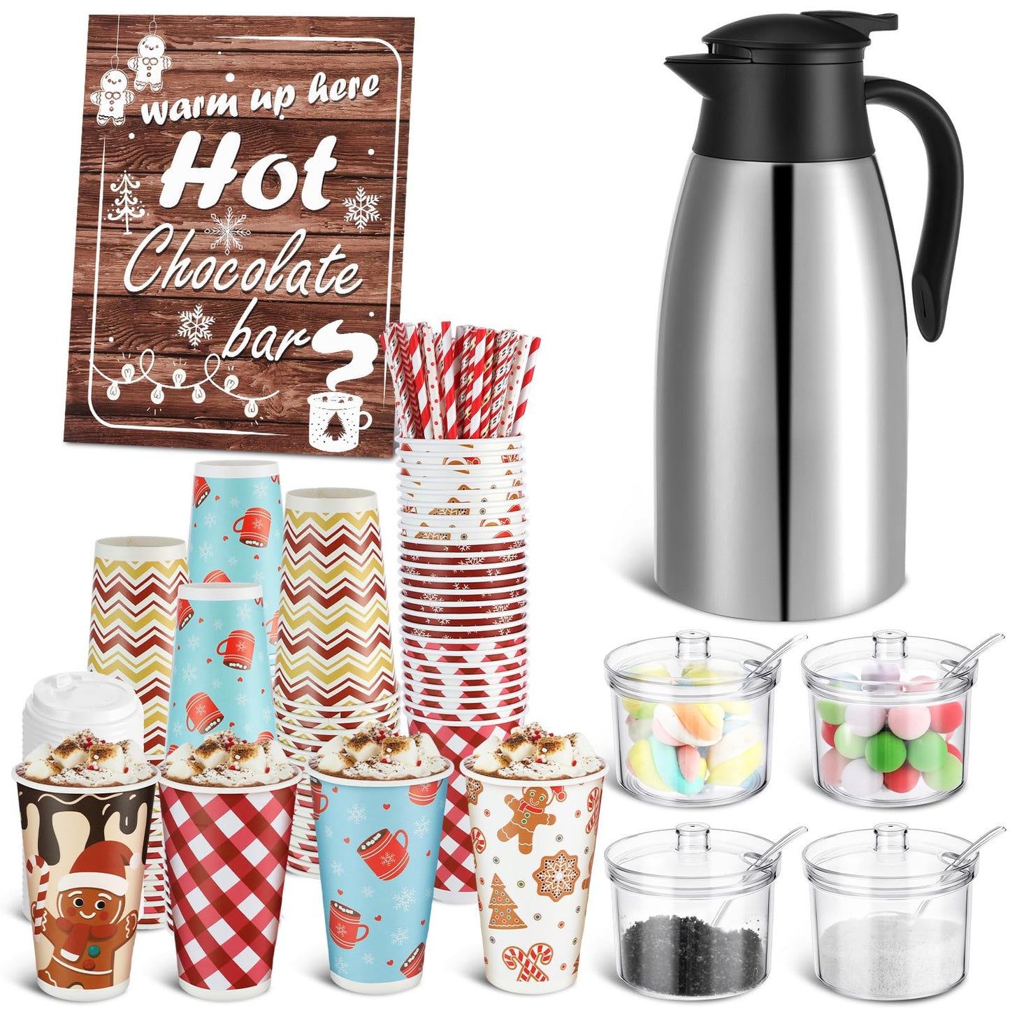 Bokon 104 Pcs Christmas Hot Chocolate Bar Set 68 Oz/ 2 L Stainless Drink Dispenser 16 Oz Cocoa Cups Hot Chocolate Bar Station Si