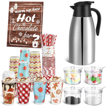 Bokon 104 Pcs Christmas Hot Chocolate Bar Set 68 Oz/ 2 L Stainless Drink Dispenser 16 Oz Cocoa Cups Hot Chocolate Bar Station Si
