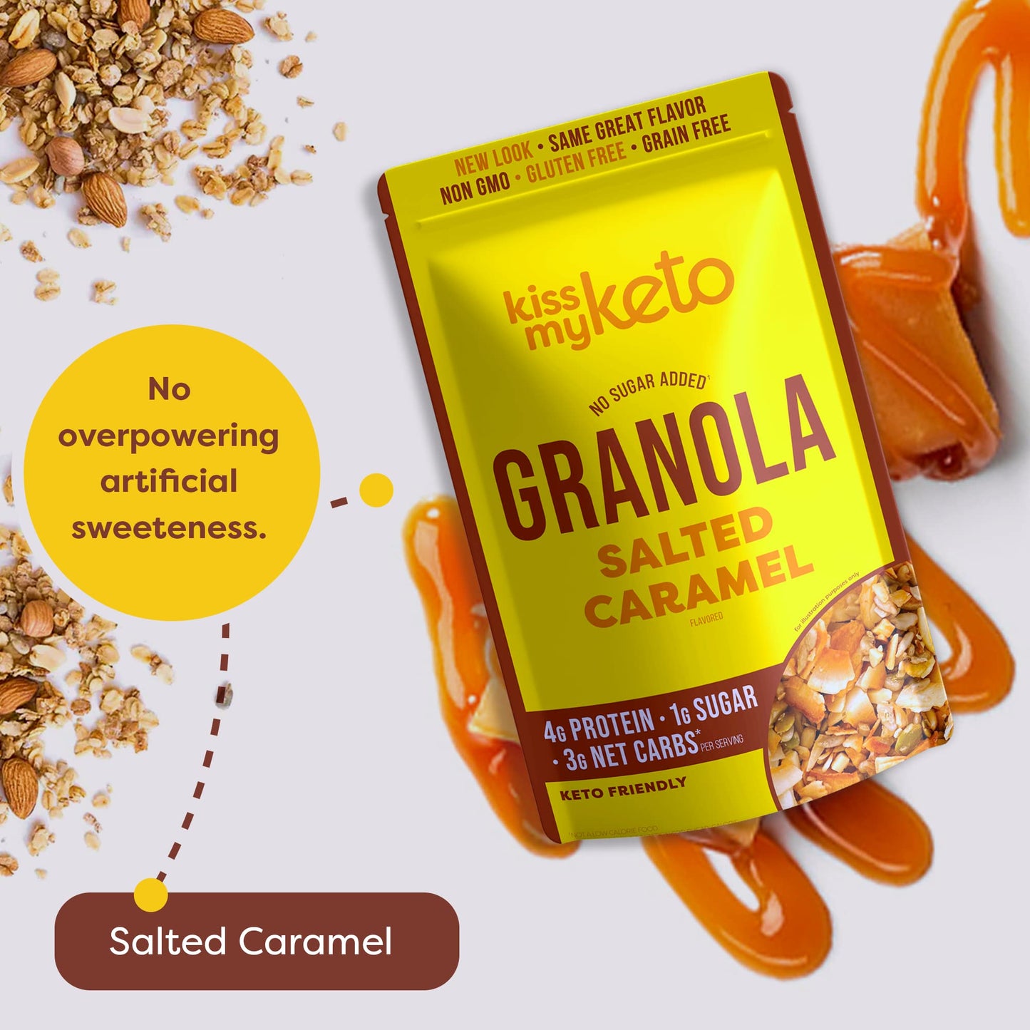 Kiss My Keto Sugar Free Granola, Salted Caramel 1-Pack - Curb Cravings with Few Net Carbs - Allulose Sweetened, Resealable & Glu