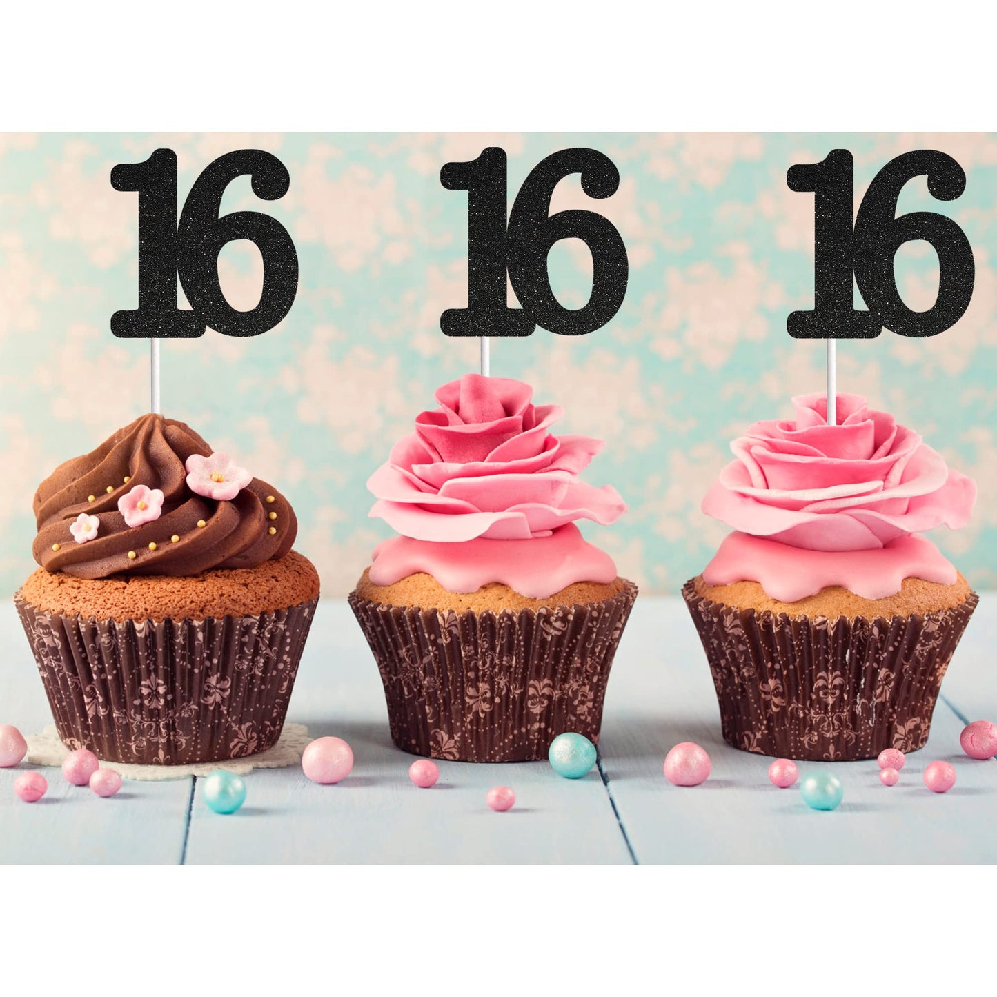 Sumerk 24Pcs Number 16 Cupcake Toppers Black Glitter 16Th Birthday Cupcake Picks Anniversary Party Decorations