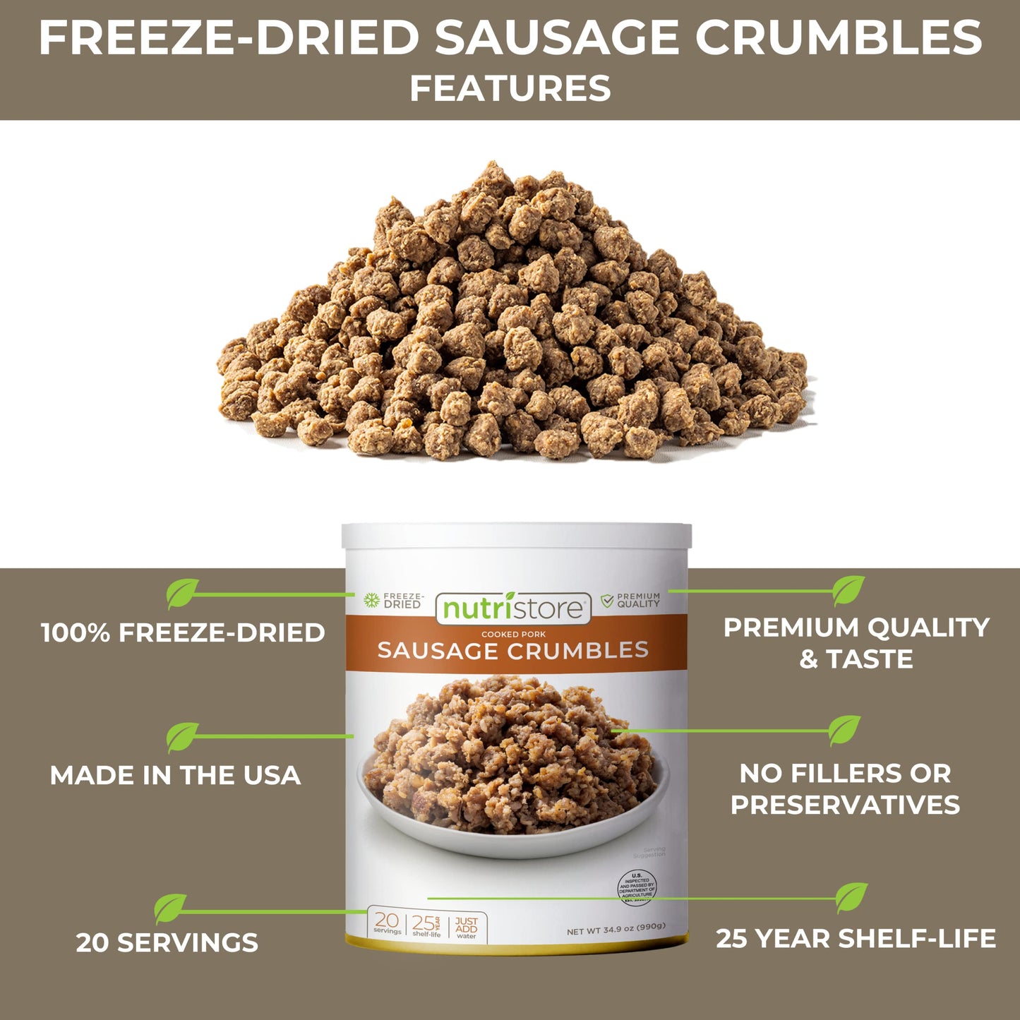 'Nutristore Freeze-Dried Sausage Crumbles (4-Pack) | Emergency Survival Bulk Food Storage | Premium Quality Meat | Perfect For L