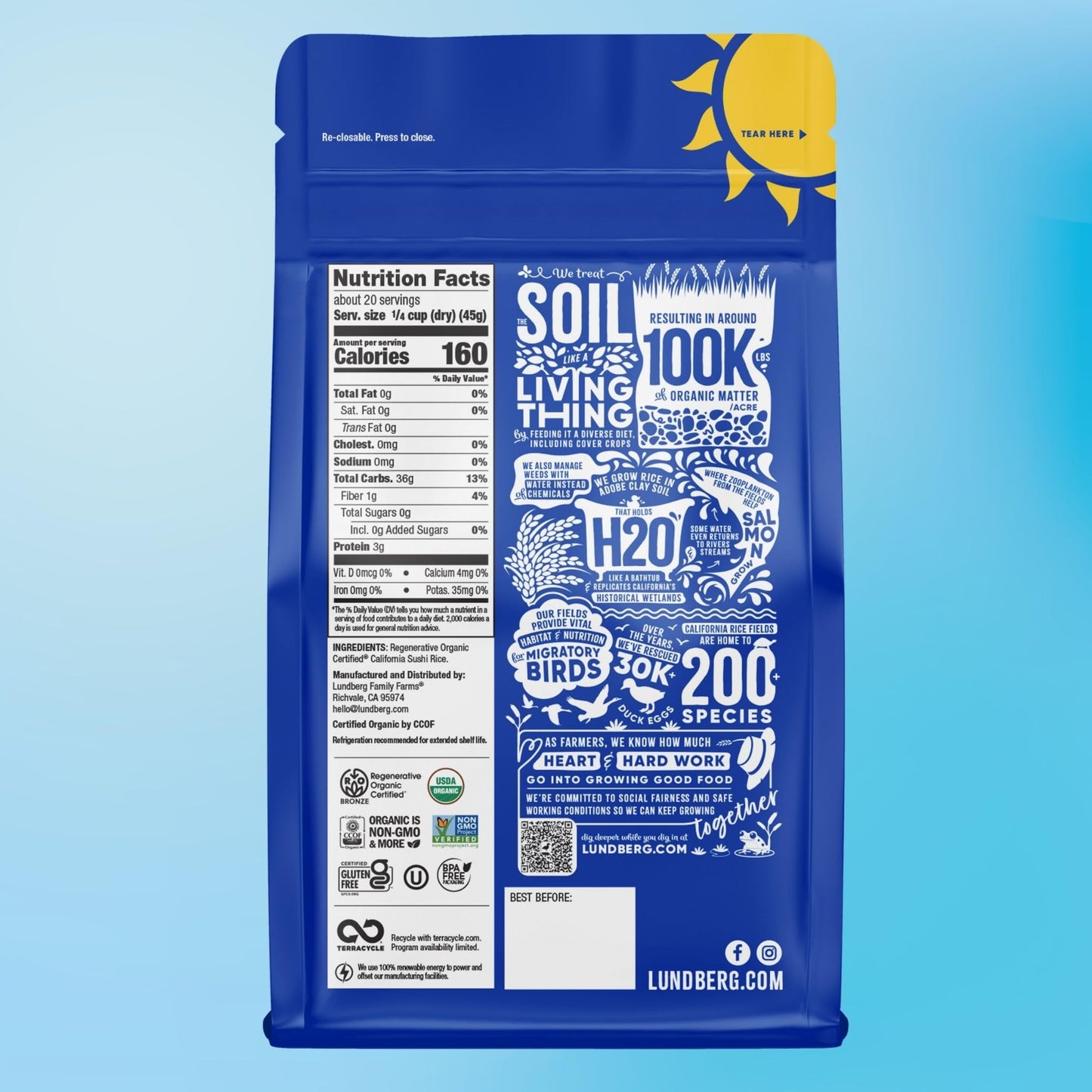 Lundberg California Sushi Rice, Regenerative Organic Certified, 32 Oz, Pack of 6, White Short Grain, Sticky Rice