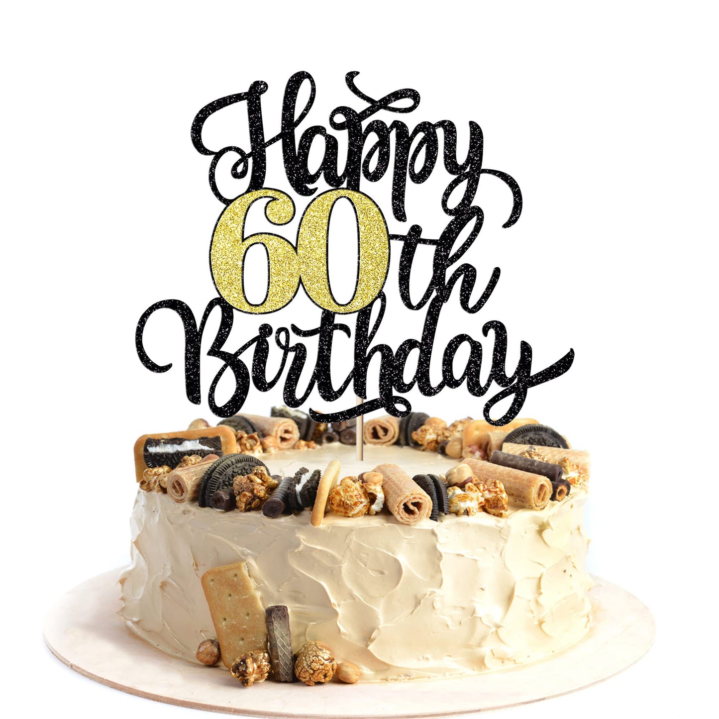 Leetaivie Happy 60Th Birthday Cake Topper, Black Gold Glitter Birthday Cake Topper, 60Th Anniversary/ 60Th Birthday Party Decora