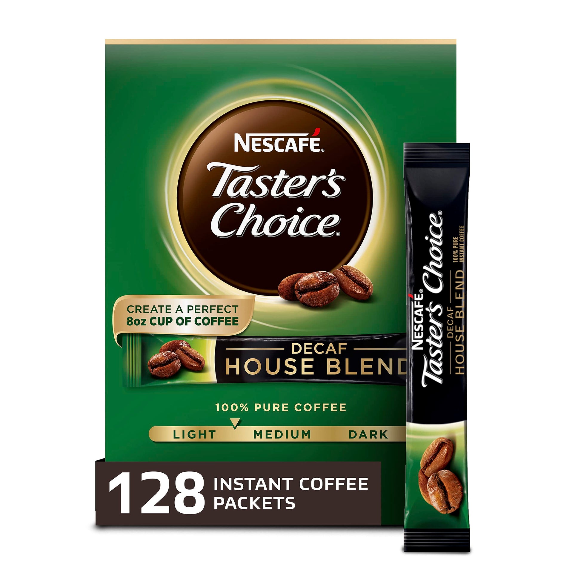 Nescafe Tasters Choice, Decaf House Blend Light Medium Roast Instant Coffee, 8 Boxes (128 Packets)