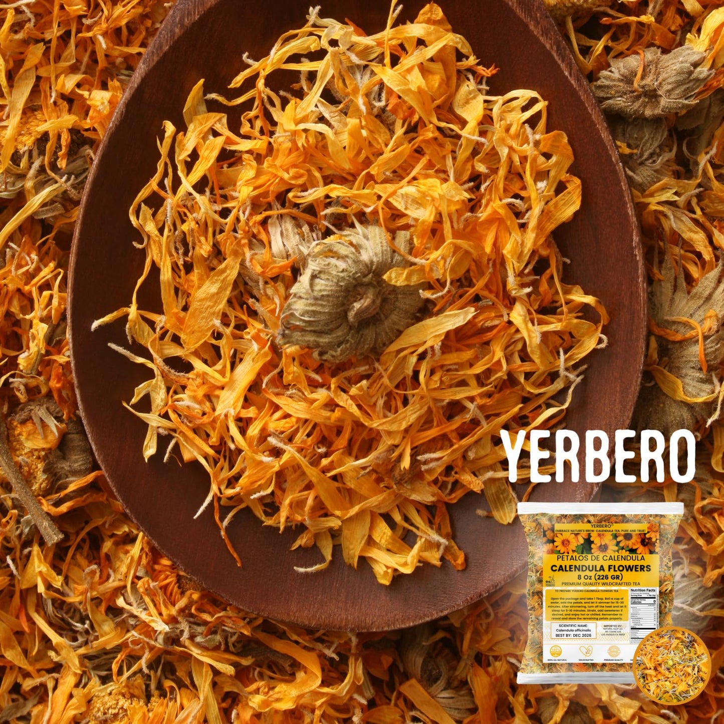 YERBERO Calendula Flowers Herbal Tea, 100% All Natural, 2oz (56g), Non-GMO, Marigold Flowers for Brewing and Culinary Use