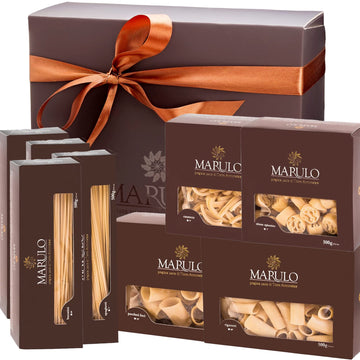 8 Pack, Artisan Italian Gourmet Homemade Pasta Gift Basket Box Set, Gourmet Bronze Cut Pasta Set, Luxury Gold Line Box, (Tagliat