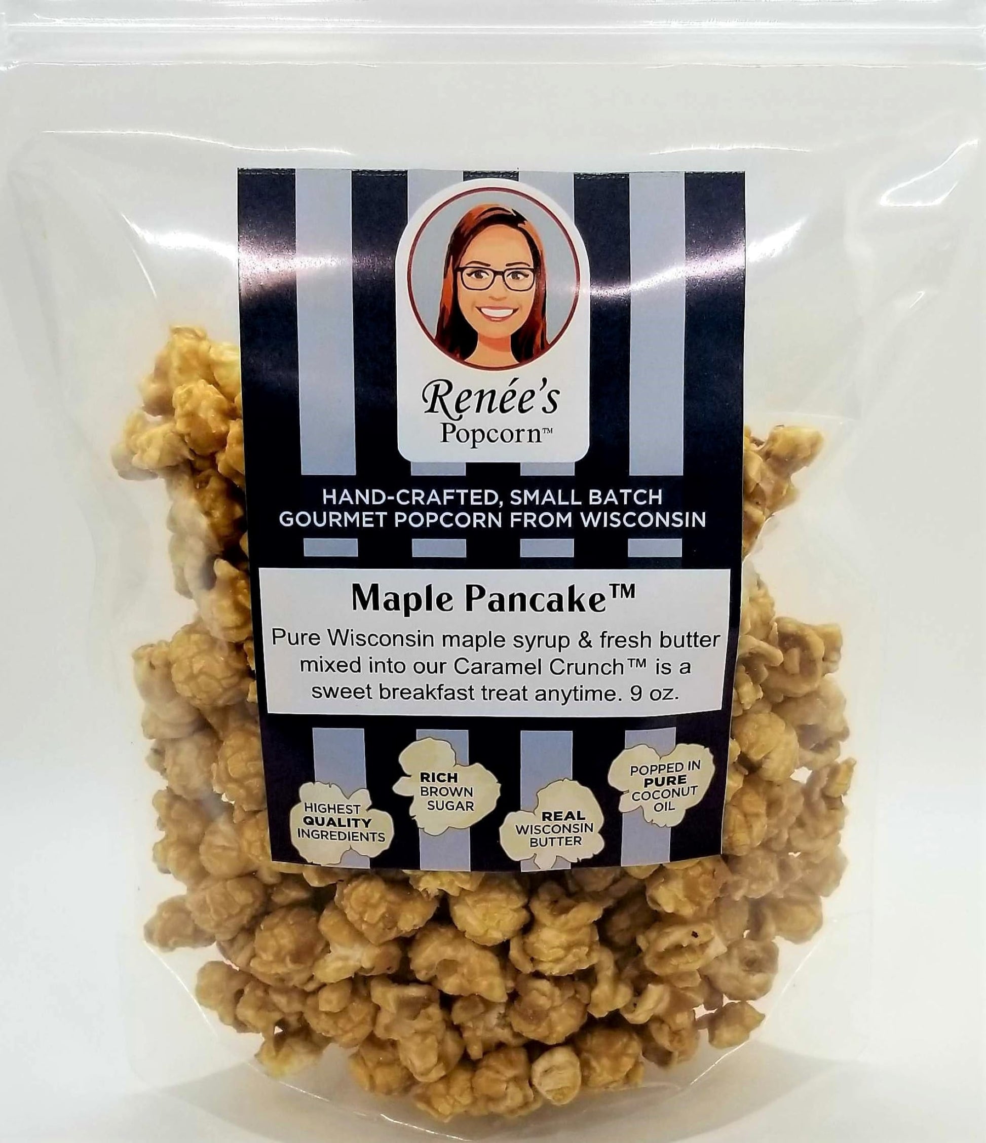 Ren  es Maple Pancake Gourmet Popcorn - Pure Wisconsin maple syrup and fresh butter mixed into our Caramel Crunch fresh popped c
