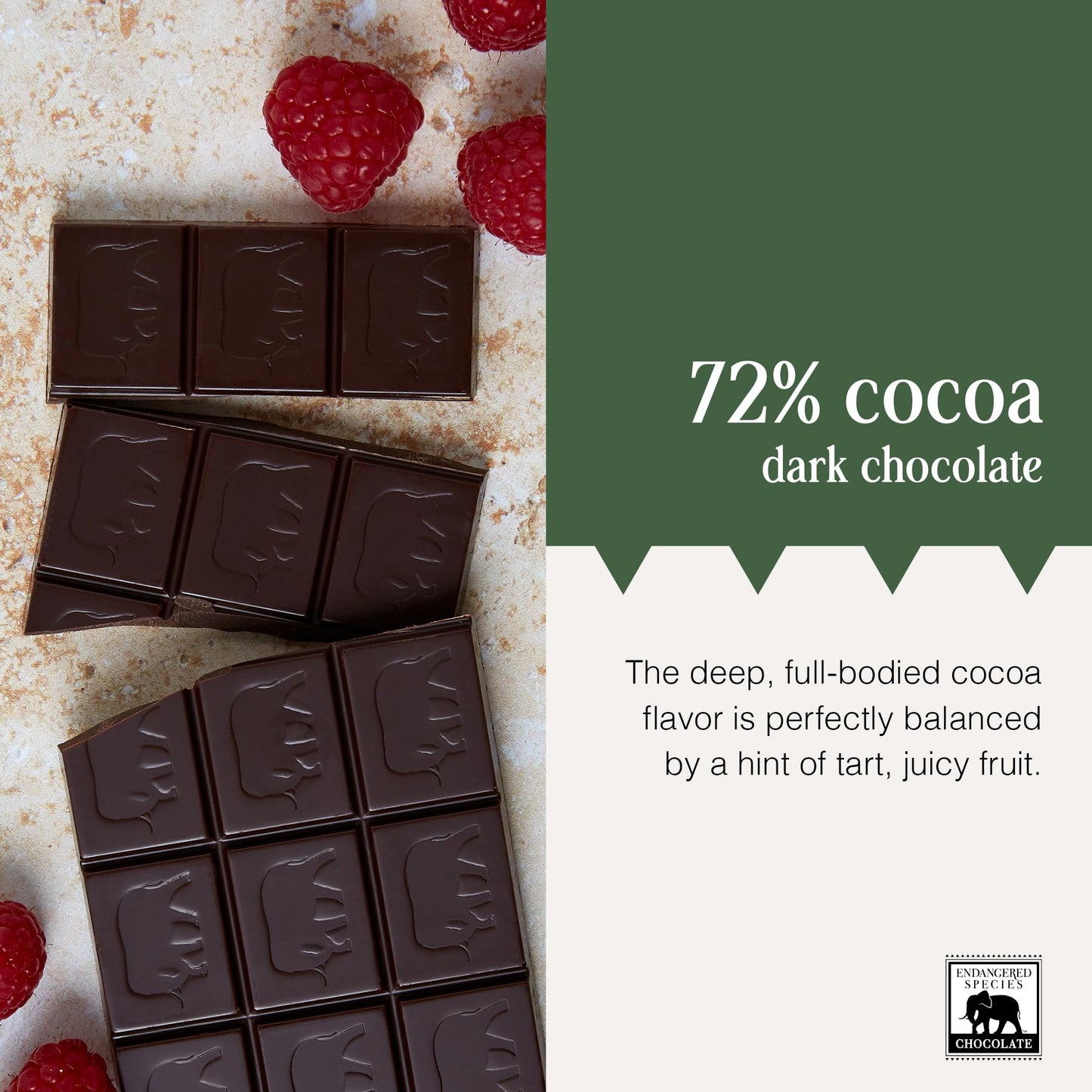Endangered Species Chocolate Grizzly Natural Dark Chocolate 72% with Raspberries, 3 Ounce Bars, Pack of 12