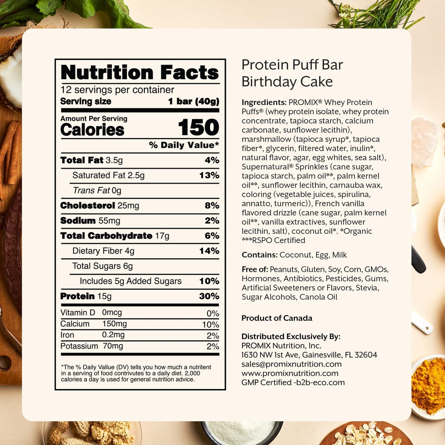 Promix Nutrition Protein Puff Bars - Birthday Cake - Marshmallow Crispy Treat - Great Tasting & Healthy On The Go Snack - High Protein & Low Calorie - Free From Gluten, Soy, & Corn - 12 Bars