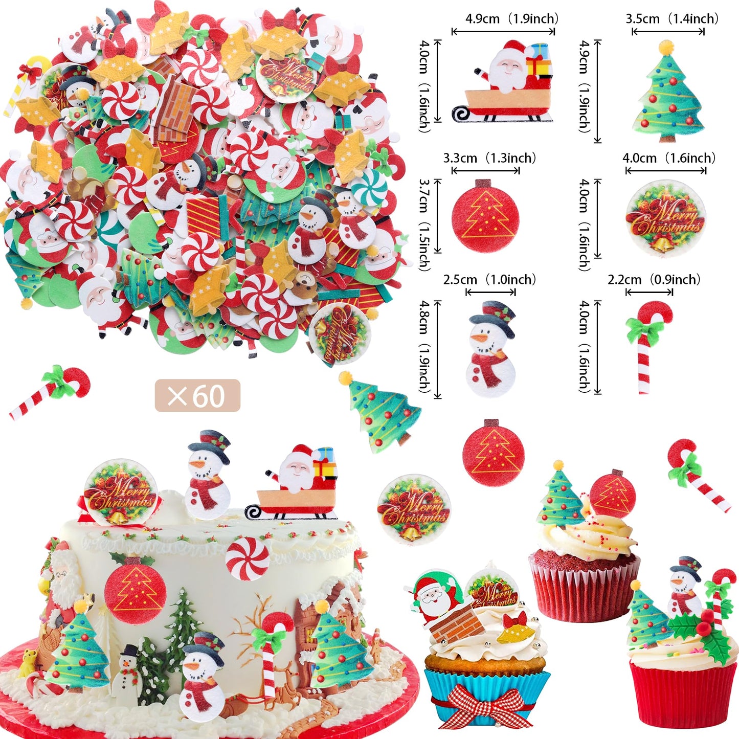 60 Pcs Edible Cupcake Toppers - Santa Claus, Snowman, Christmas Tree Picks - Merry Christmas Cake Decorations For Xmas, New Year & Birthday Parties