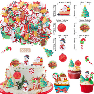 60 Pcs Edible Cupcake Toppers - Santa Claus, Snowman, Christmas Tree Picks - Merry Christmas Cake Decorations For Xmas, New Year & Birthday Parties