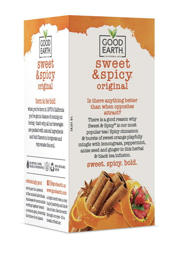 Good Earth Herbal & Black Tea, Sweet & Spicy, 18 Count Tea Bags (Pack Of 6) (Packaging May Vary)