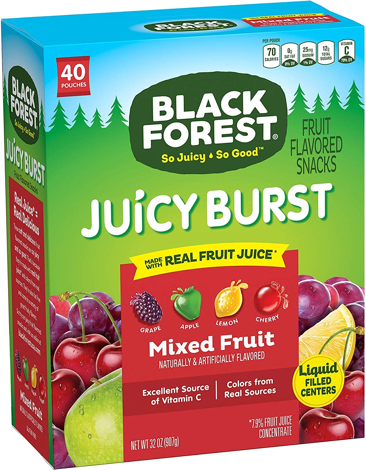 Black Forest Fruit Snacks Juicy Bursts, Mixed Fruit, 0.8-Ounce Bag, Pack of 80