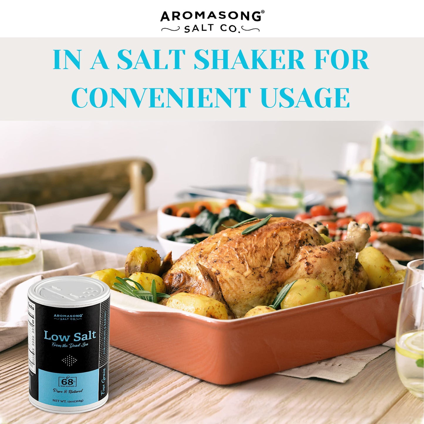 Aromasong Low Sodium Sea Salt 13 Oz. Salt Shaker 100% Natural Fine Grain Dead Sea Potassium Chloride With Dead Sea Salt.